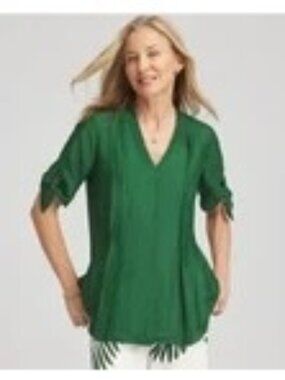 Chico’s Cotton Voile & Silk Pleated Blouse Women’s Palm Leaf Green Size Large